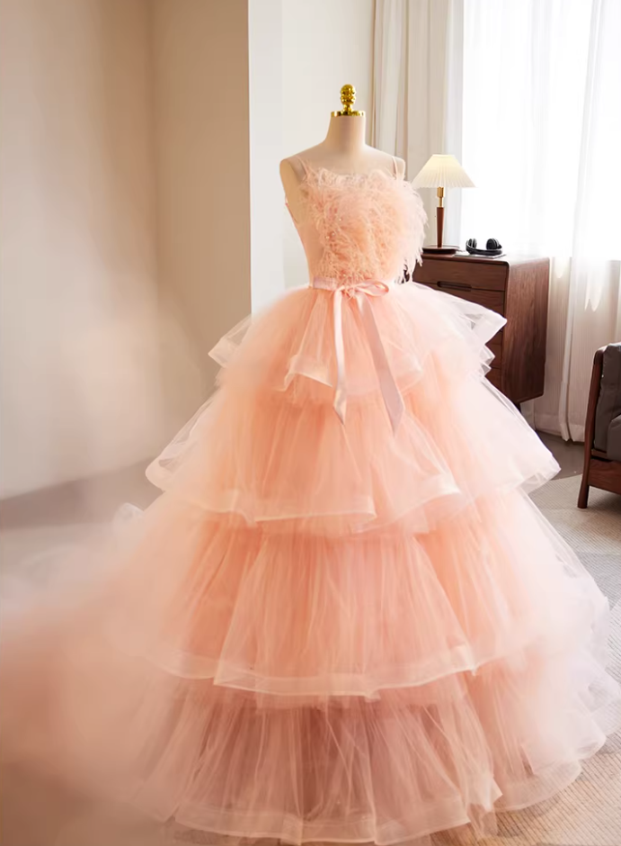 Y2K A-Line Spaghetti Strap Evening Gowns Tiered Tulle Bow Pearls Feather Prom Dress AP5736