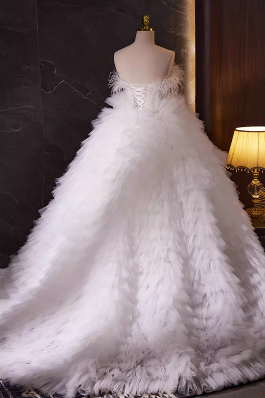 Fairy Strapless A-Line Bridal Gowns Tiered Tulle Feather Pearls Wedding Dress AP5738