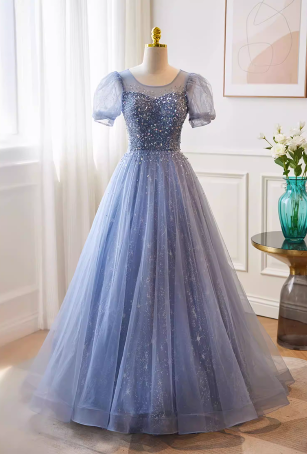 Lovely Jewel Neck A-Line Blue Tulle Sweet 16th Gowns Short Sleeve Sequins Prom Dress AP5740