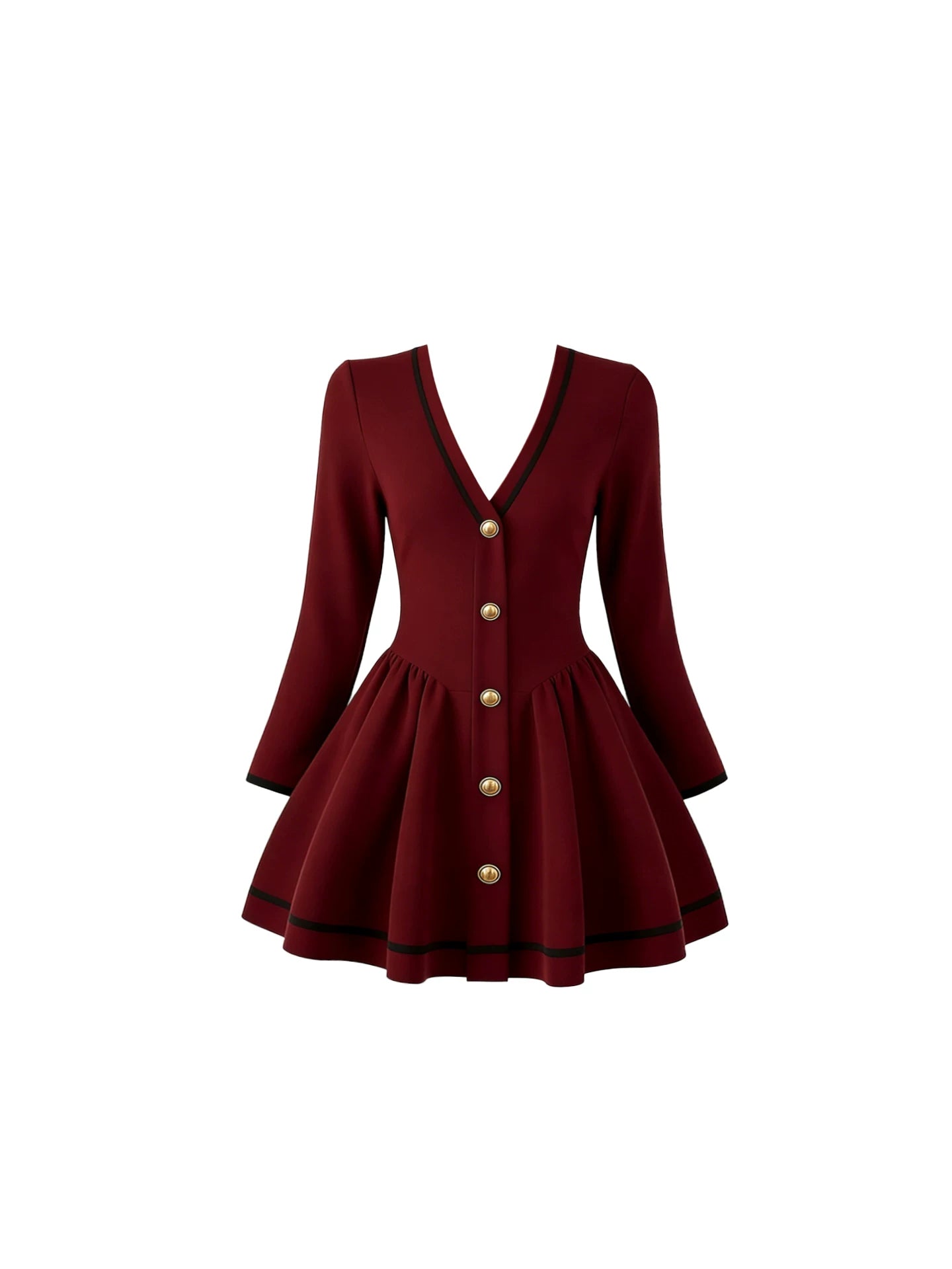 Enchanting Burgundy V-Neck Long Sleeves Flared Mini Skirt Elegant Black Trim Gold Buttons Fitted Waist A-Line Short Dress AP5744