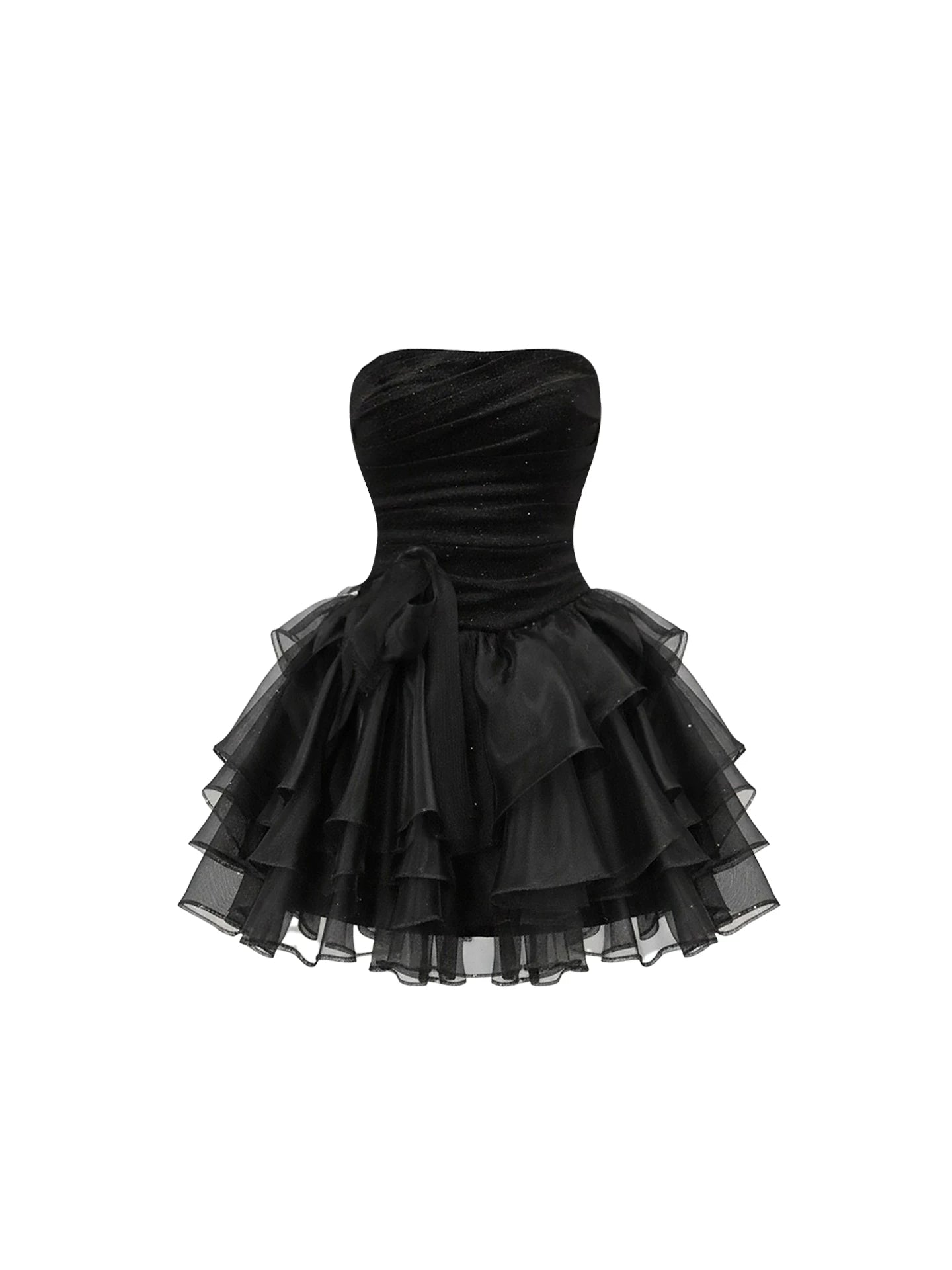 Superb Ruched Bodice Waist Bow A-Line Mini Skirt Vogue Black Strapless Sparkle Crystals Tiered Tulle Short Dress AP5745