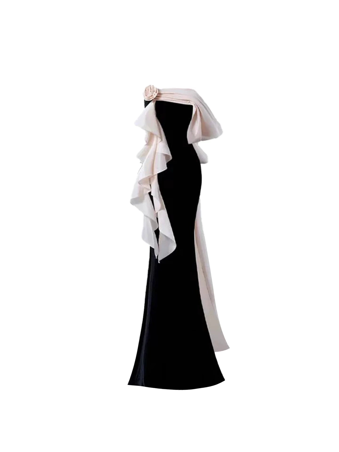 Appealing Black & Blush One-Shoulder Fitted Mermaid Maxi Dress Charming Floral Accent Asymmetric Ruffled Sash Long Dress AP5748