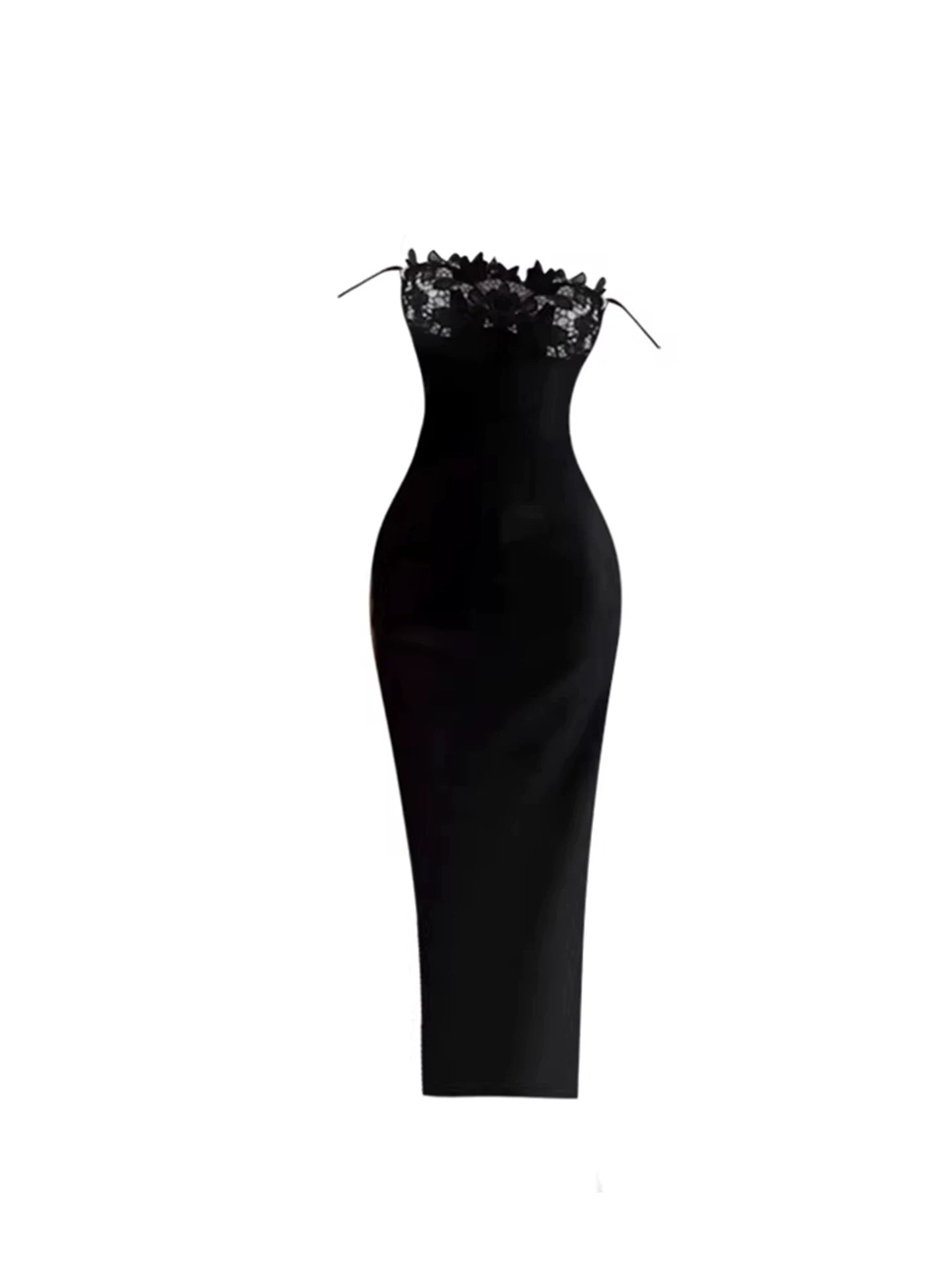 Ornate Off-Shoulder Fitted Pencil Sheath Maxi Dresses Fancy Black Strapless Lace Trim Long Dress AP5758
