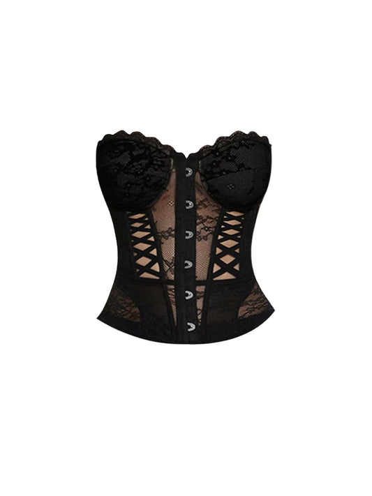 Chic Black Sheer Lace Corset Ruffled Mini Skirt Sexy Strapless Two-Piece Cutout Lace-Up Detail Fluffy Bodycon Short Dress AP5760