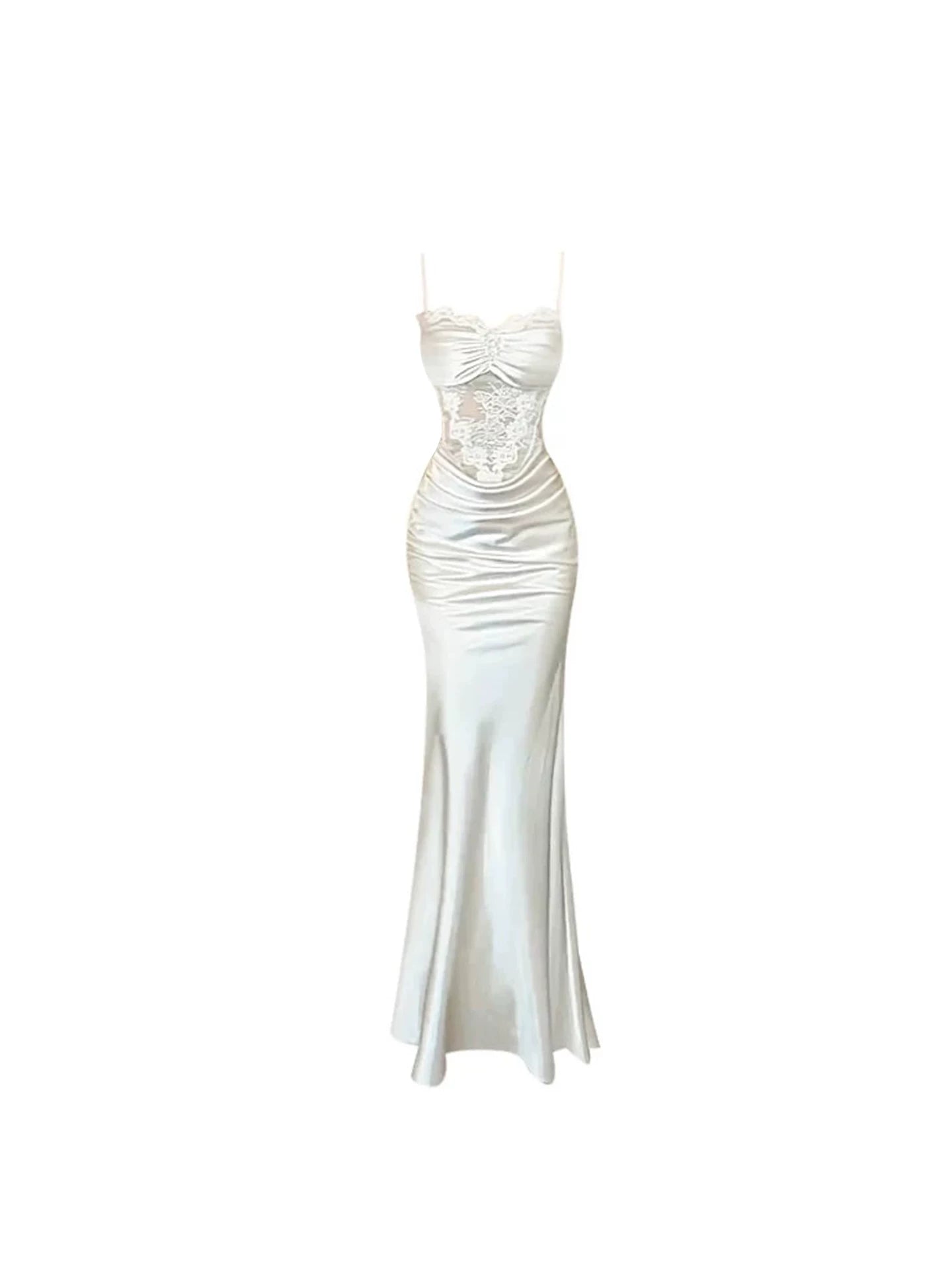 Graceful Sweetheart Neck Twist Front Mermaid Maxi Skirt Chic Champagne Satin Spaghetti Strap Lace Waist Long Dress AP5763