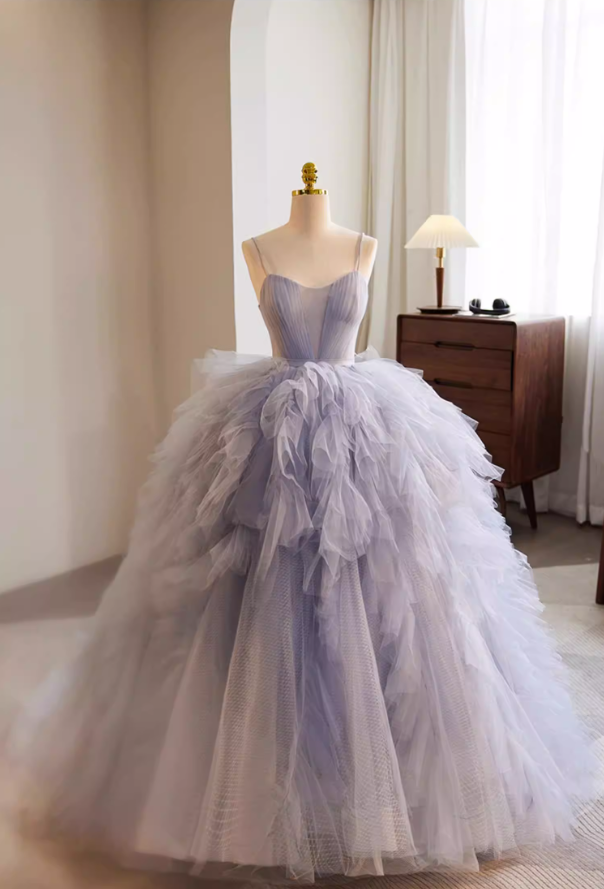 Voluminous A-Line Spaghetti Strap Evening Gowns Ruffled Tulle Prom Dress AP5769