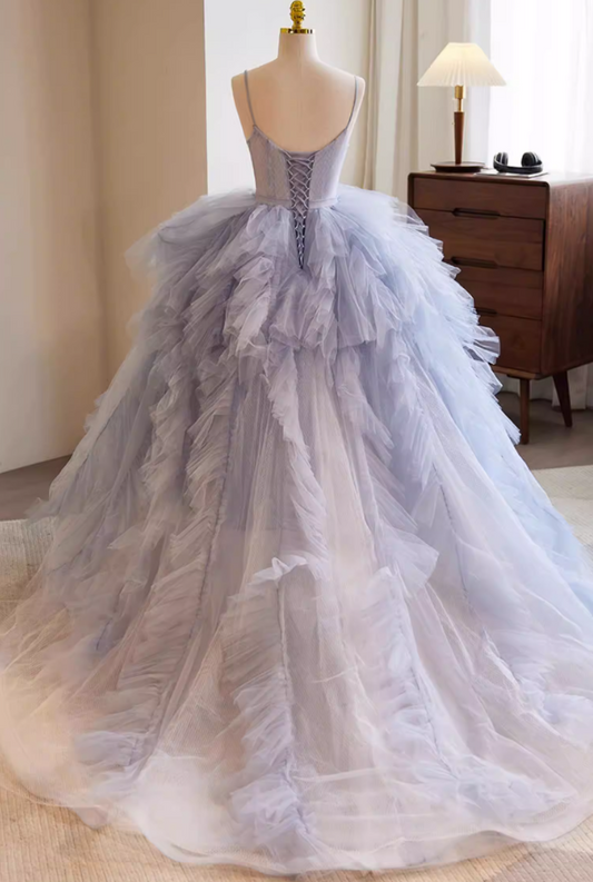 Voluminous A-Line Spaghetti Strap Evening Gowns Ruffled Tulle Prom Dress AP5769