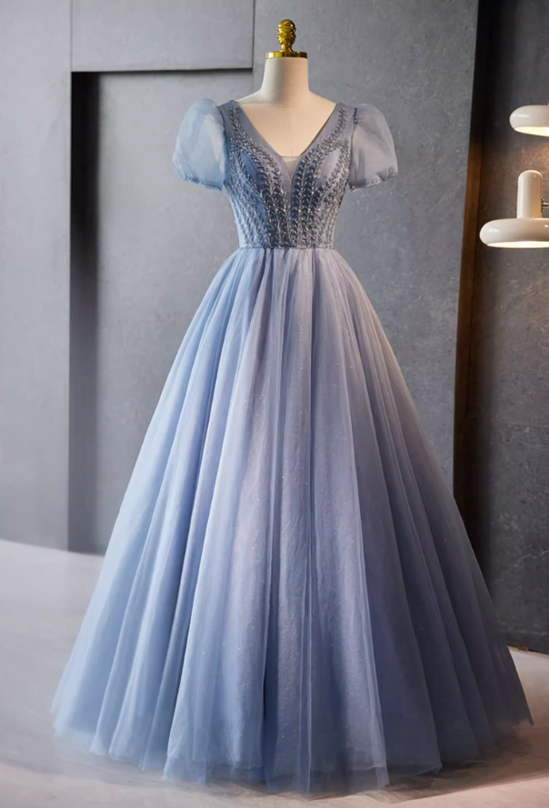 Glam V Neck A-Line Blue Tulle Sweet 16th Gowns Puff Short Sleeve Sequins Beading Prom Dress AP5777