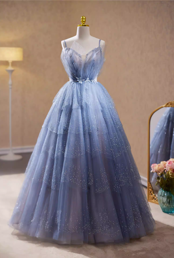 Novelty A-Line Spaghetti Strap Evening Gowns Sequins Layered Tulle Beading Prom Dress AP5781