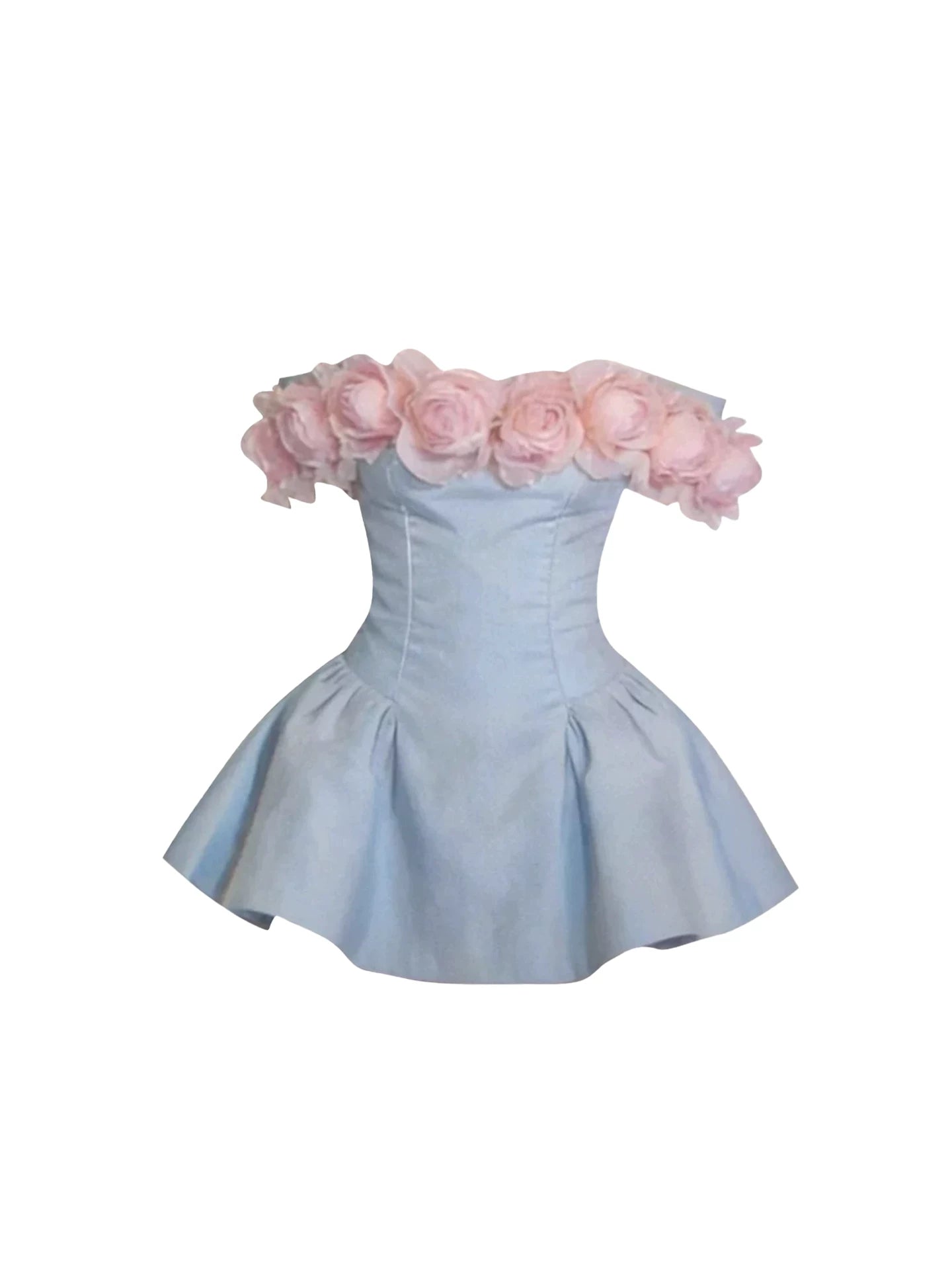 Vibrant 3D Pink Rose Neckline A-Line Mini Skirt Sweet Light Blue Off-Shoulder Fitted Bodice Flared Short Dress AP5785