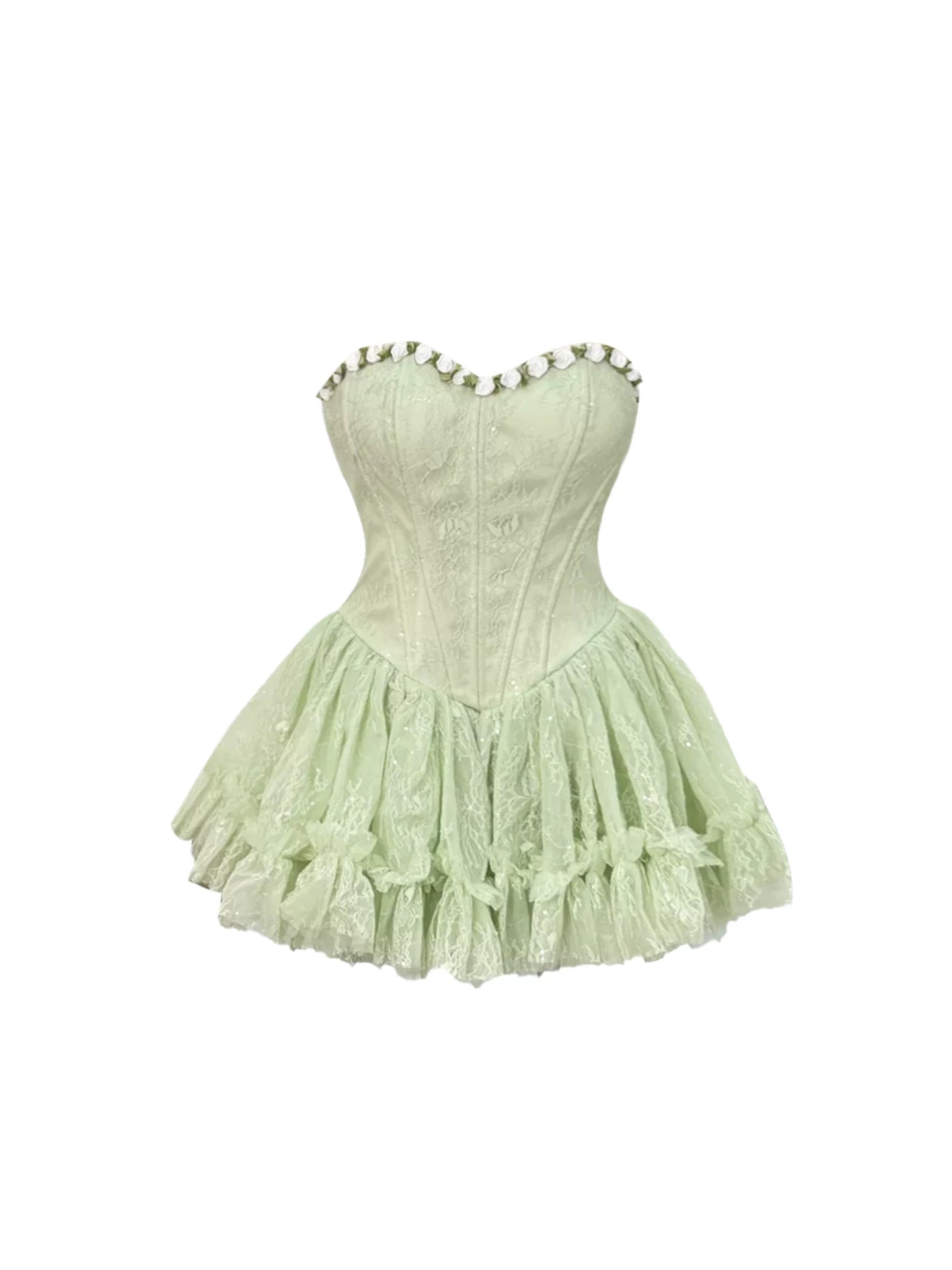 Dopamine Style Light Green Strapless Lace A-Line Mini Skirt Sweet 3D Floral Neckline Tiered Ruffled Short Dress AP5790