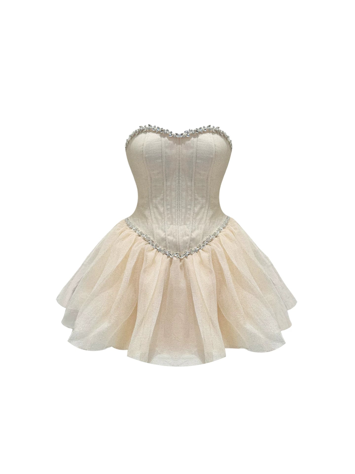 Sparkly Crystal Trim Tulle A-Line Mini Skirt Elegant Champagne Strapless Corset Flared Short Dress AP5791