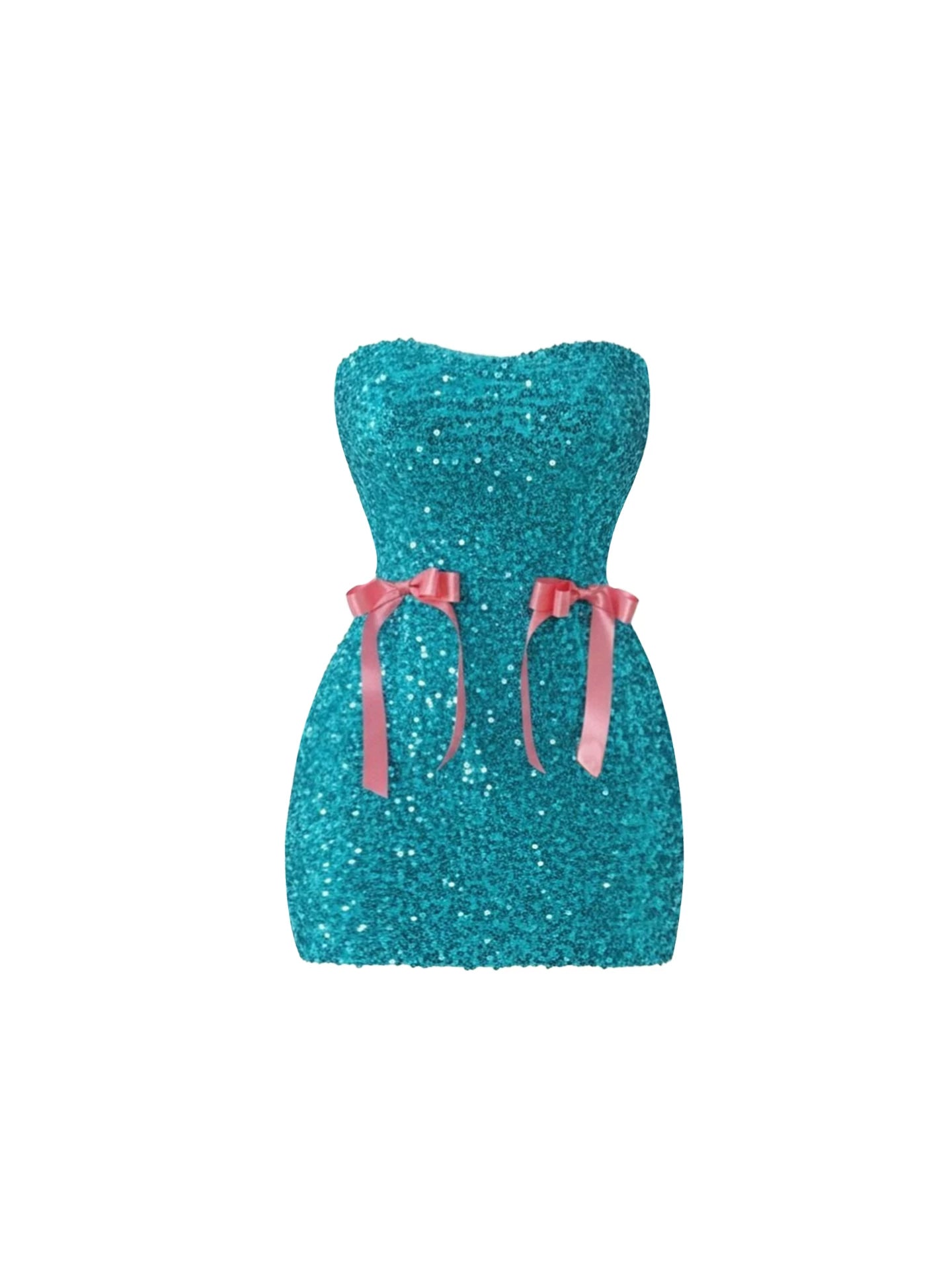 Playful Pink Bow Waist Accents Bodycon Mini Skirt Hottie Teal Strapless Sequin Fitted Short Dress AP5793