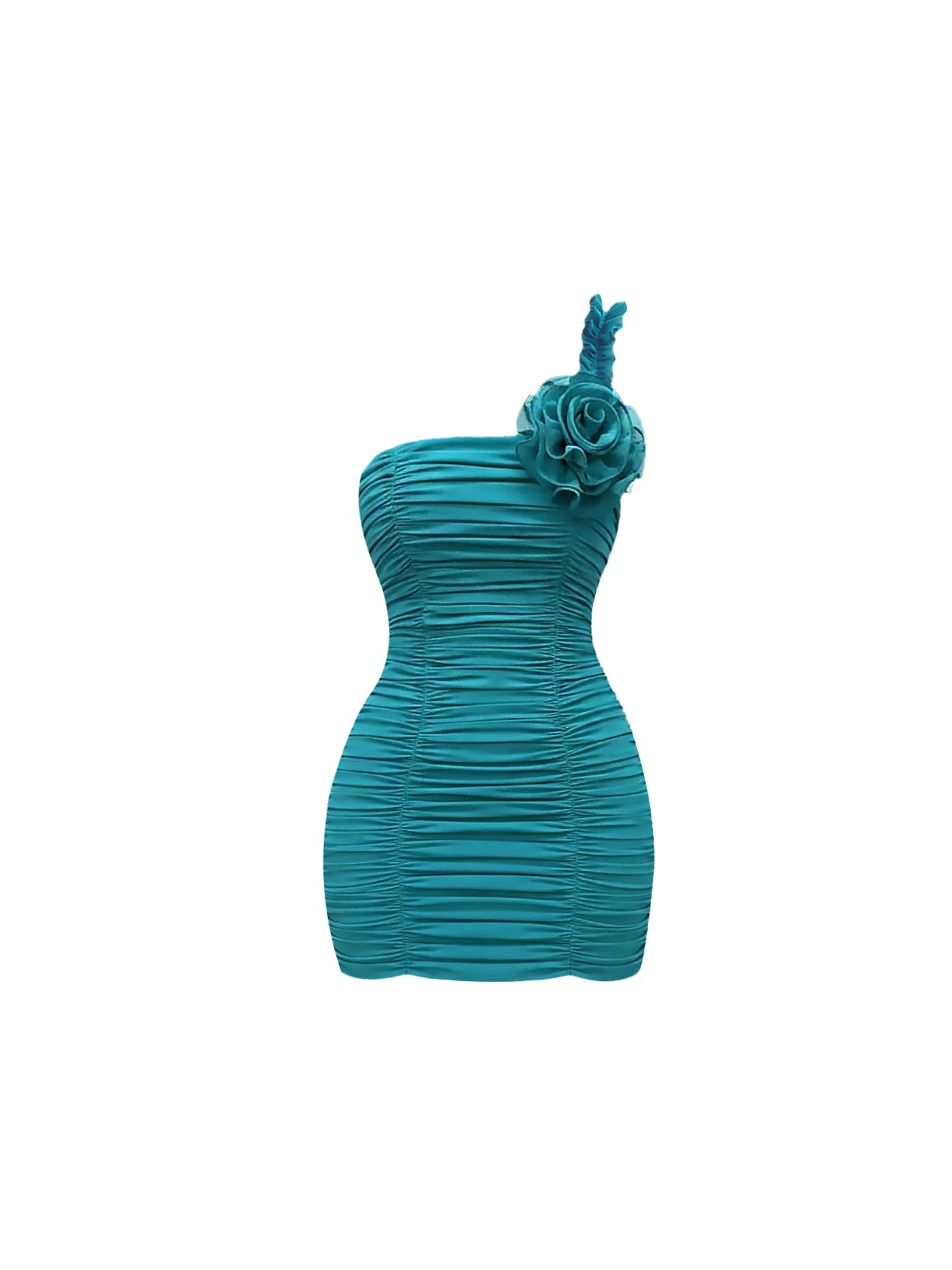 Stylish 3D Rose Accent Fitted Mini Skirt Fashion Teal One-Shoulder Ruched Bodycon Short Dress AP5794