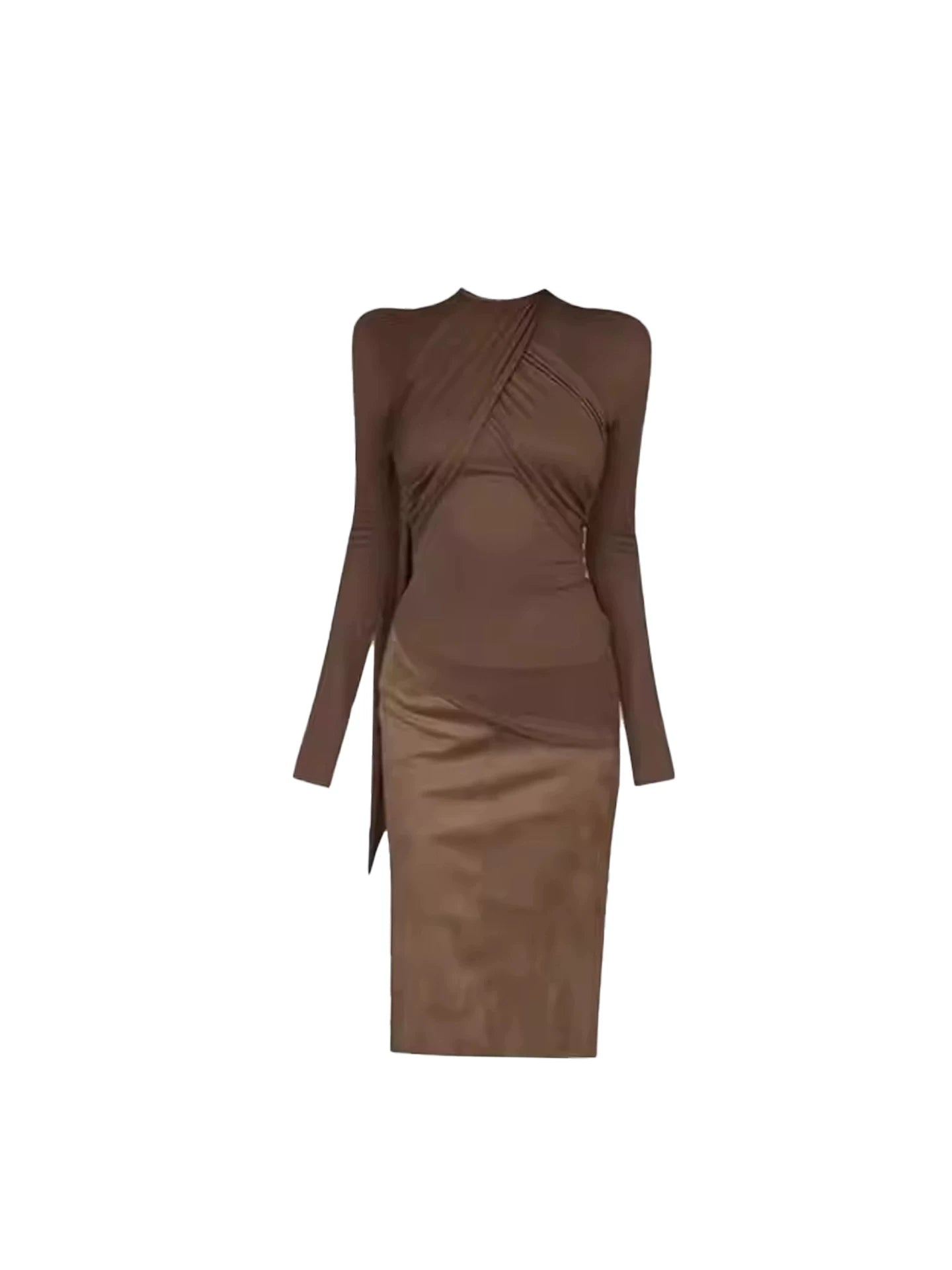 Attractive Mocha Brown Twist Front 2-Piece Sheath Midi Dress Simple Jewel Neck Long Sleeves Satin Slim Fit Long Dress AP5798