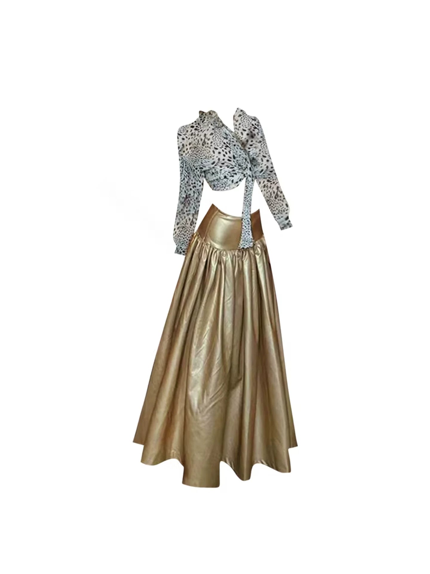 Sexy Long Sleeve Blouse 2-Piece Gold High Waist A-Line Maxi Skirt Charming Leopard Print Tie-Front Crop Top Metallic Flowy Long Dress AP5799