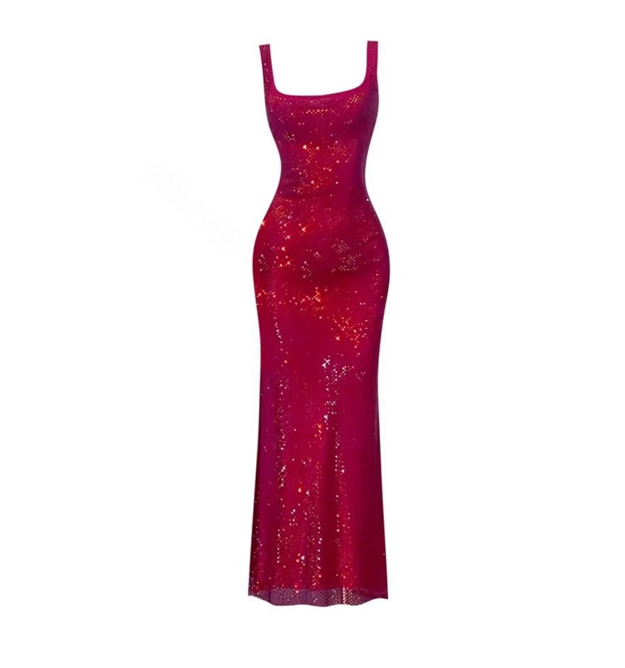 Glittering Backless Spaghetti Strap Maxi Dress Sequin Square Neck Sleeveless Sheath Long Dress AP5801