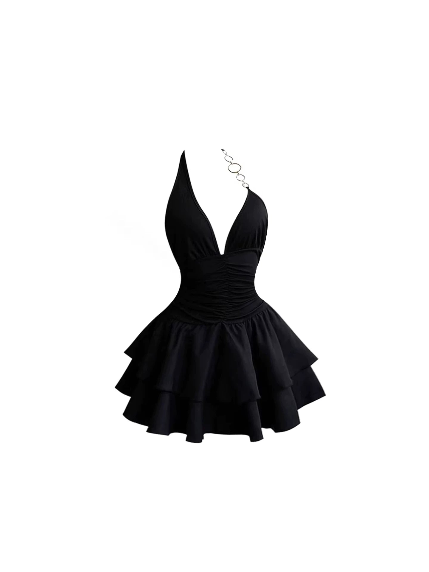Princess Metal Ring Detail A-Line Mini Skirt Vintage Black Halter Neck Ruched Bodice Tiered Ruffle Short Dress AP5803