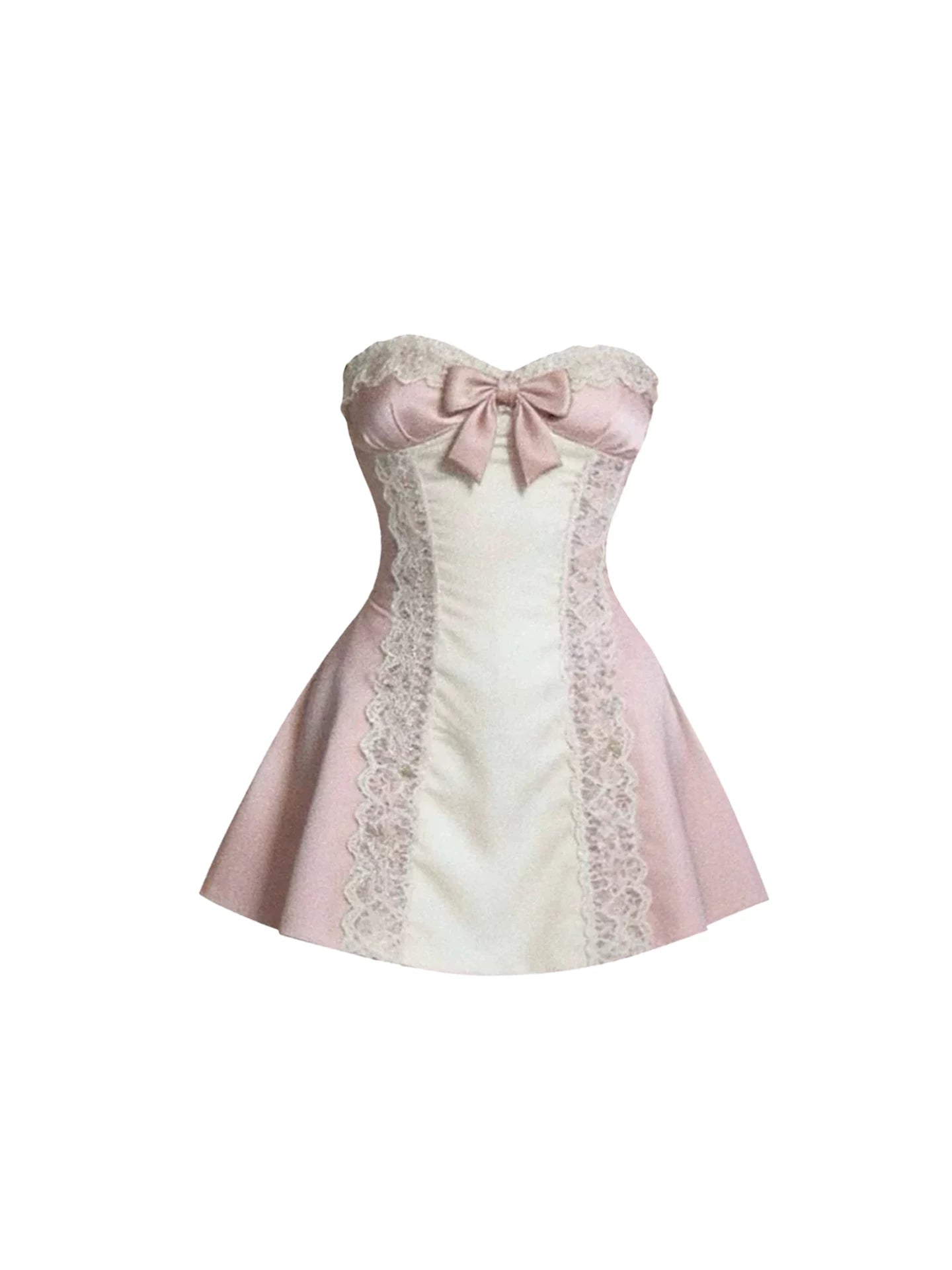 Pretty Blush Pink & Ivory Strapless A-Line Mini Skirt Adorable Lace Trim Bow Accent & Flared Short Dress AP5804