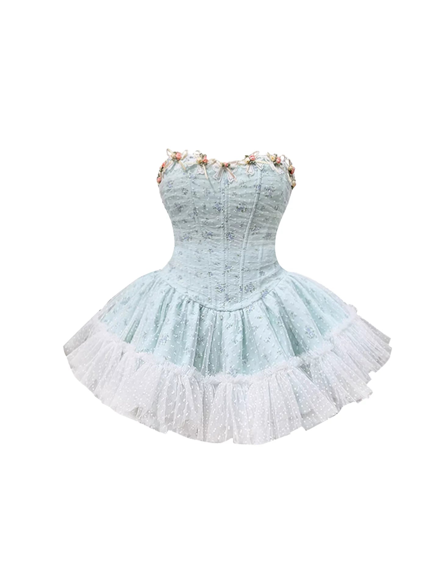 Hot Girls Floral Print Light Blue Strapless A-Line Mini Skirt Sweet White Polka Dot Lace Puffy Short Dress AP5808