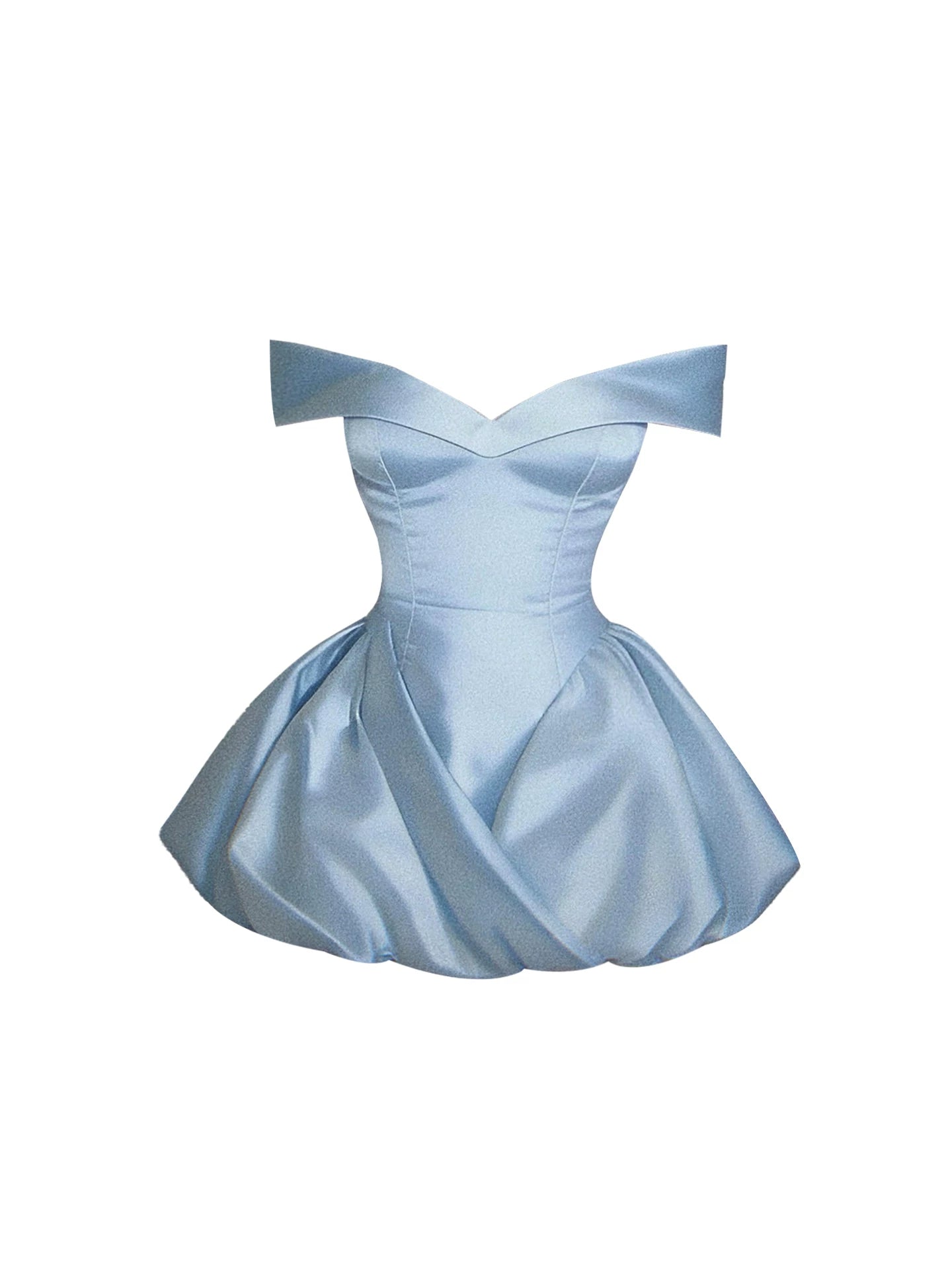 Gen Z Style Satin Fitted Waist A-Line Mini Skirt Simple Light Blue Off-Shoulder Puffy Short Dress AP5809