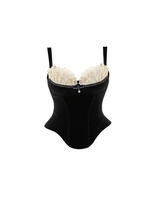 Y2K Style Lace Trim Buckle A-Line Mini Skirt Chic Black Sling Corset 2-Piece White Tiered Lace Short Dress AP5811