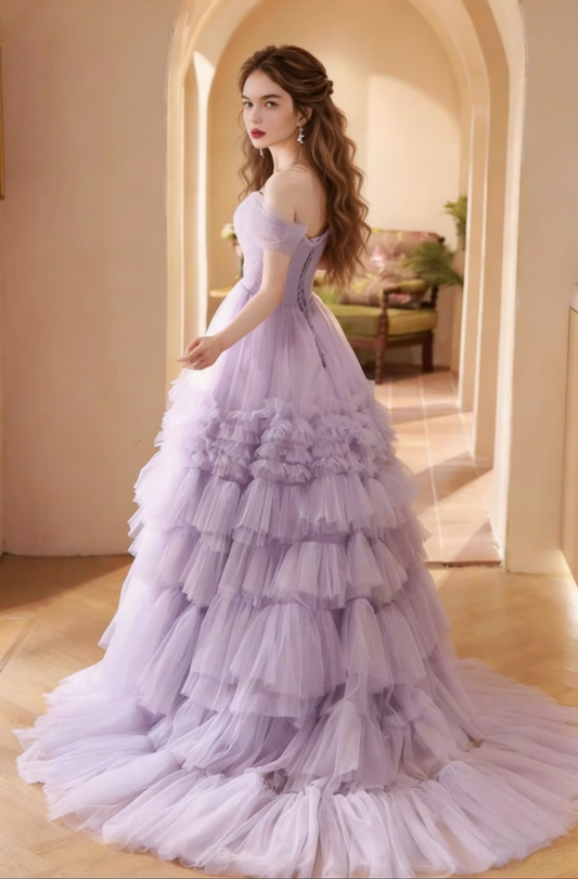 New Tendency A-Line Off-Shoulder Tiered Evening Gowns Pleated Purple Tulle Prom Dress AP5812