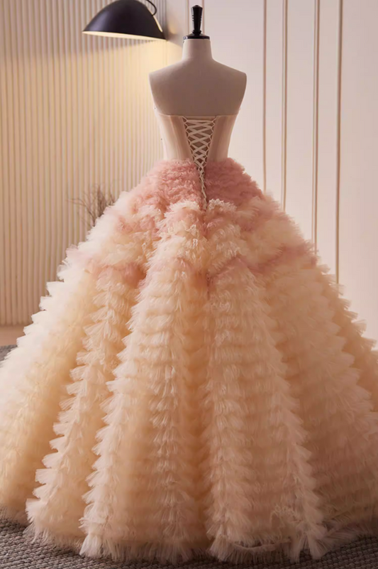 Fairy Strapless Ruffles Tulle A-Line Sweet 16th Gowns Beads Prom Dress AP5814