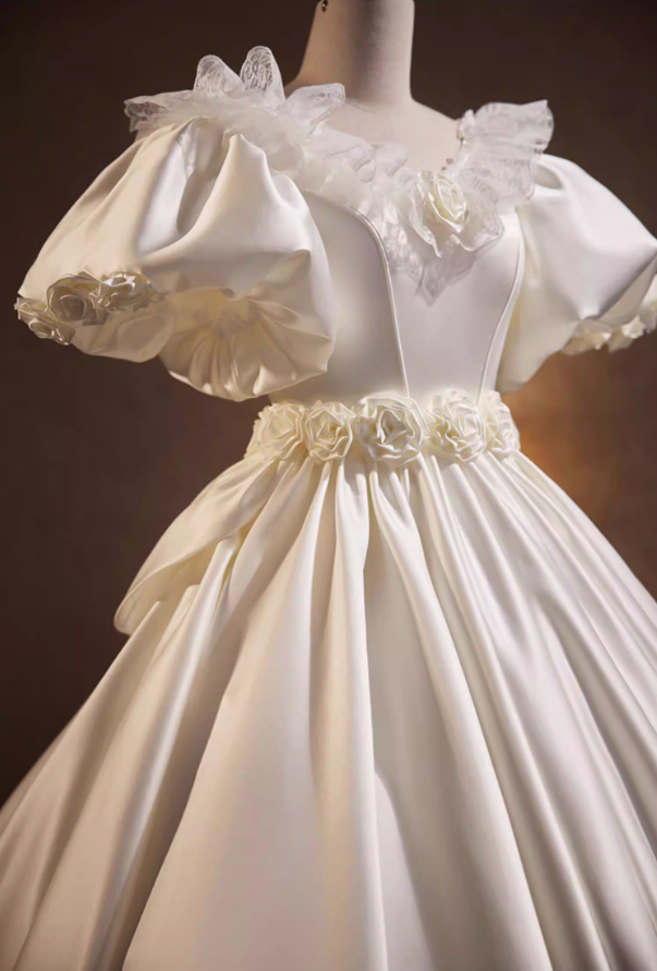 Refined A-Line V Neck Bridal Gowns Satin Short Sleeve Appliques Lace Wedding Dress AP5817