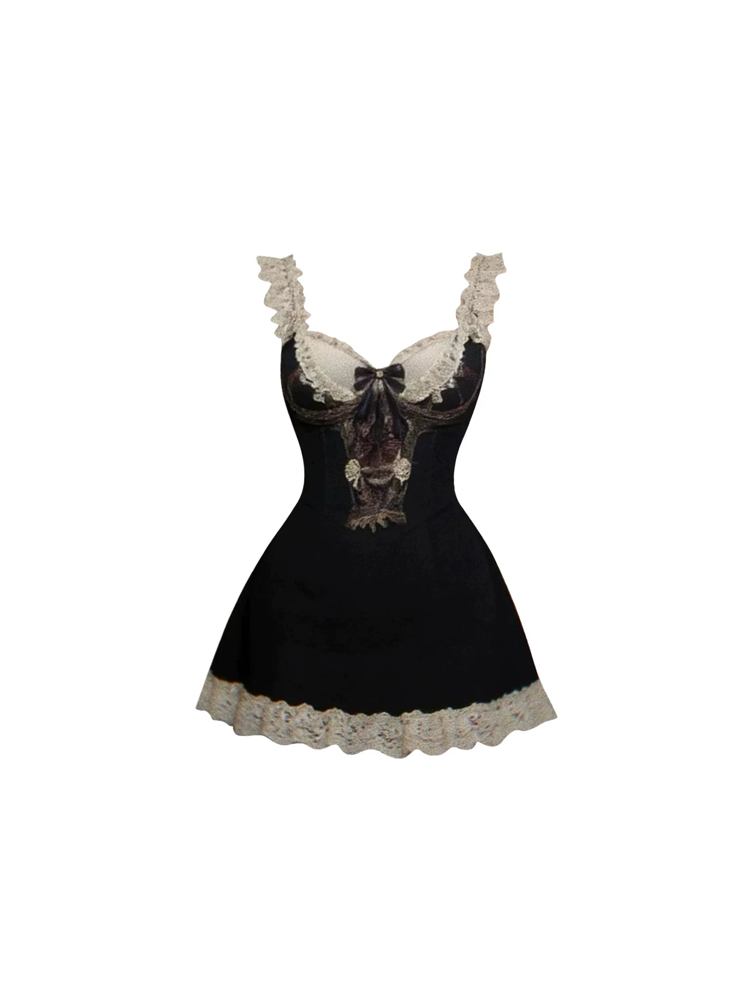 Eye-Catching Lace Trim Bow Accent A-Line Mini Skirt Ornate Black Sling Corset Short Dress AP5830
