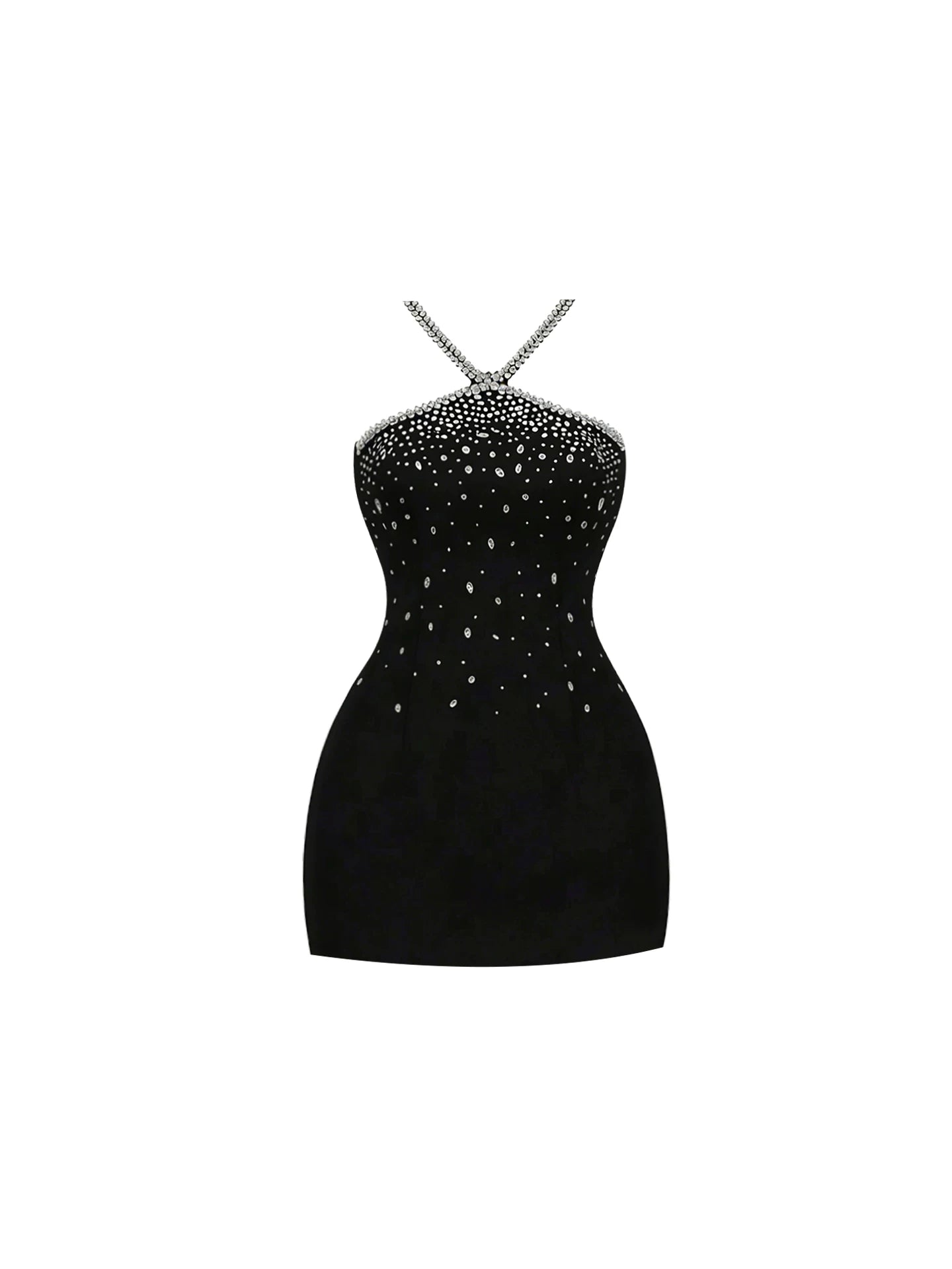 Sleek Rhinestone Design Bust Black Mini Dress Chic Halter Neck Bodycon Cross Back Strap Short Dress AP5834