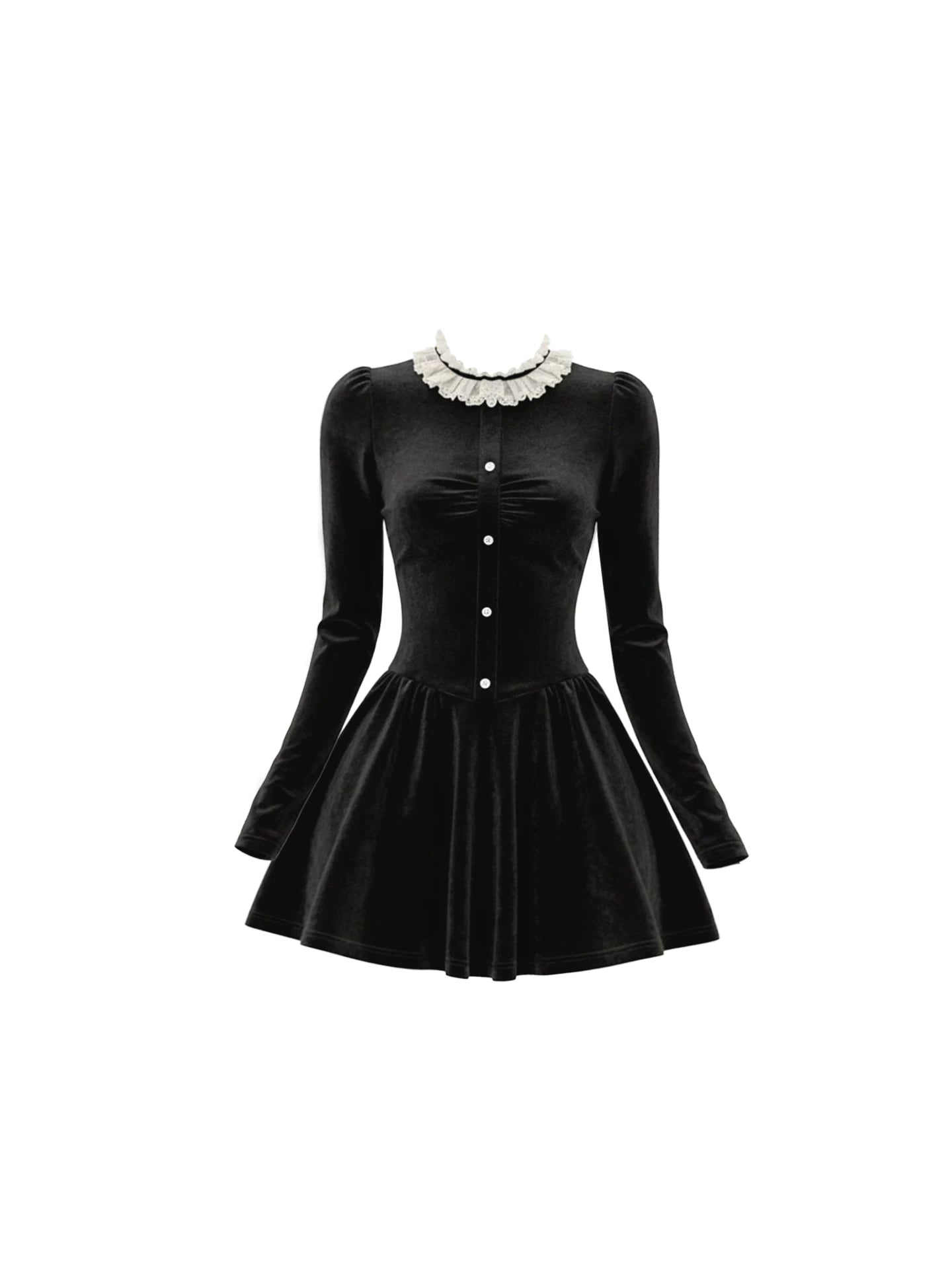 Fabulous Black Velvet Long-Sleeve A-Line Mini Skirt Classical White Ruffled Jewel Collar Pearl Buttons Short Dress AP5838