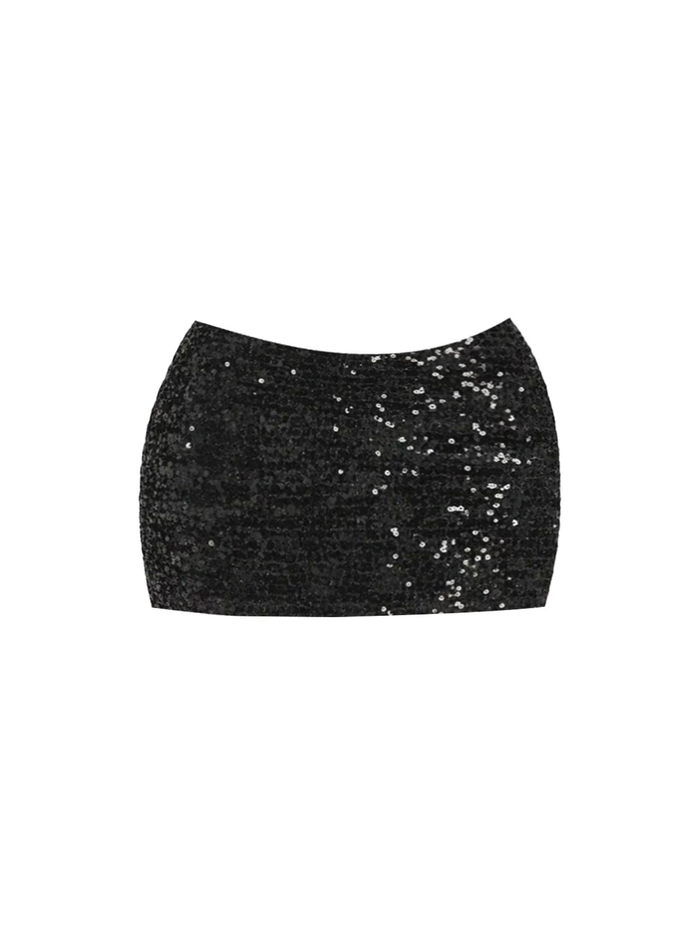 Luxurious Two-Piece Set Off-Shoulder Bodycon Mini Skirt Charming Black Long-Sleeve Top Crystal Starfish Accents Sequin Short Dress AP5840