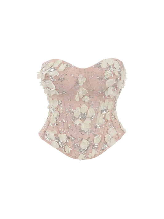 Luxury 2-Piece 3D Floral Sequin Detail Bodycon Mini Skirt Chic Blush Pink Corset Ruched Short Dress AP5841