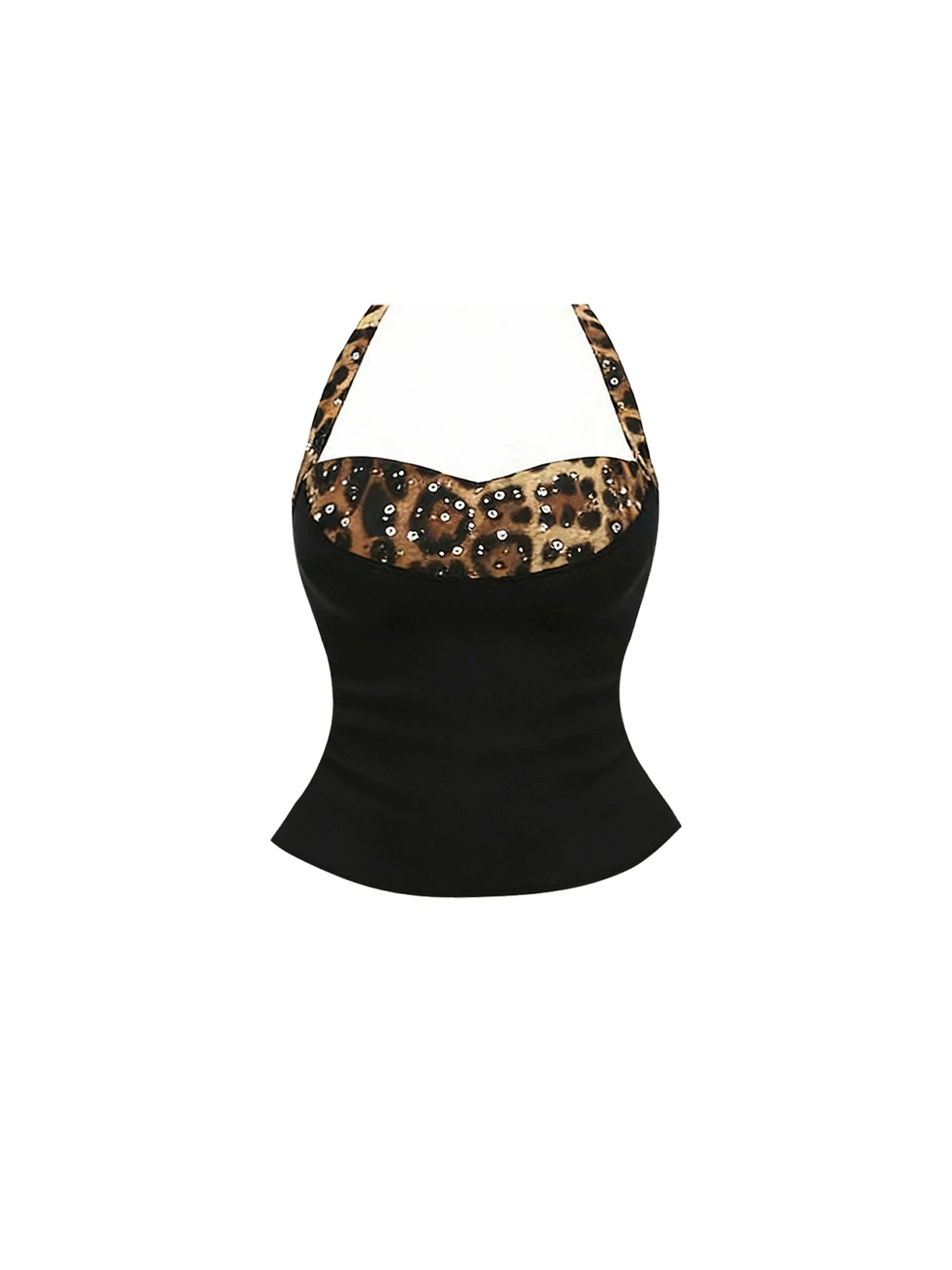 Graceful Halter Neck Two-Piece Set Mini Dress Classical Black & Leopard Print Sequin Accent Faux Leather Short Dress AP5842