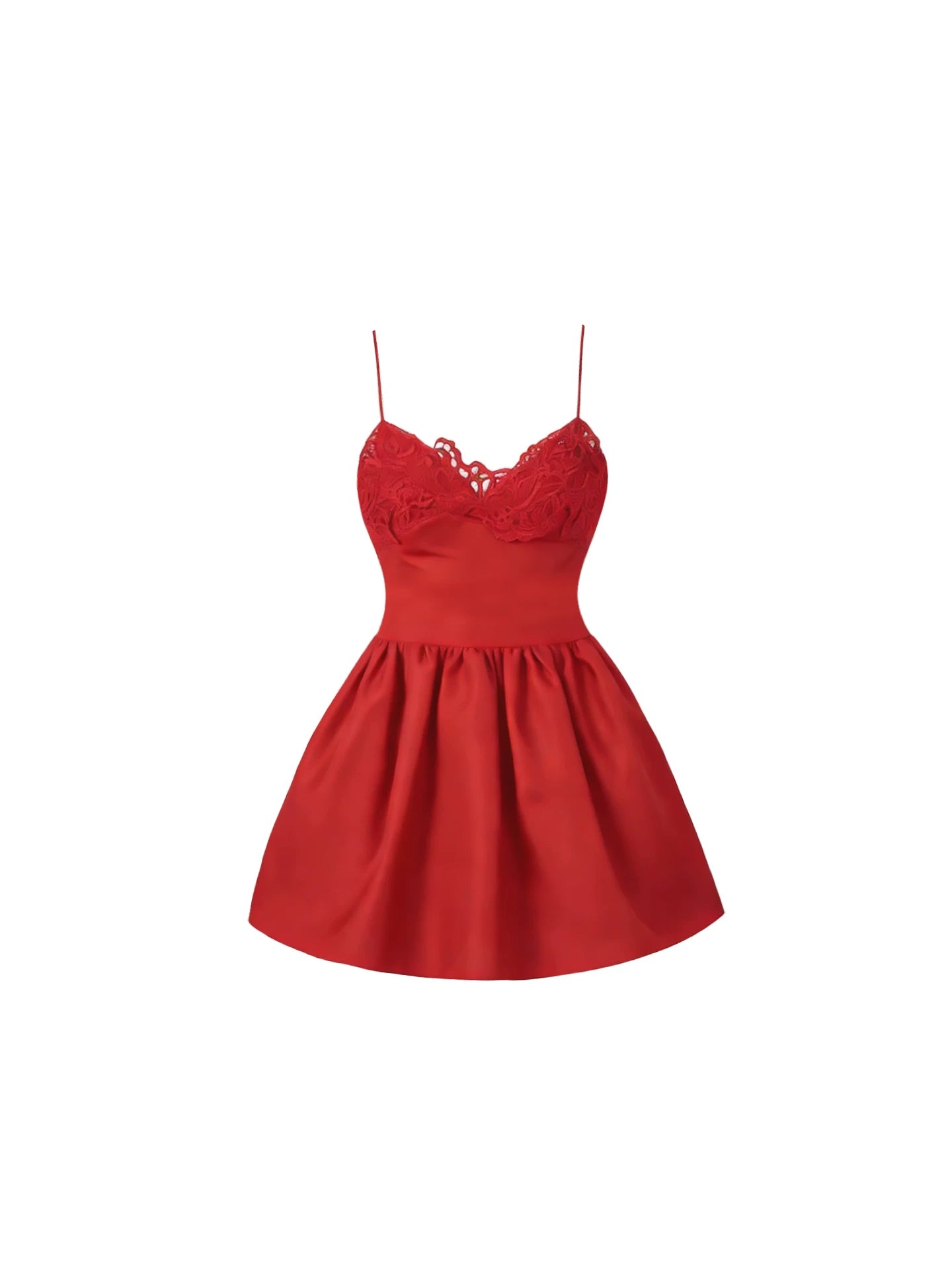 Elegant Spaghetti Strap V-Neck A-Line Mini Skirt Sexy Red Sling Lace Bust Flared Short Dress AP5843