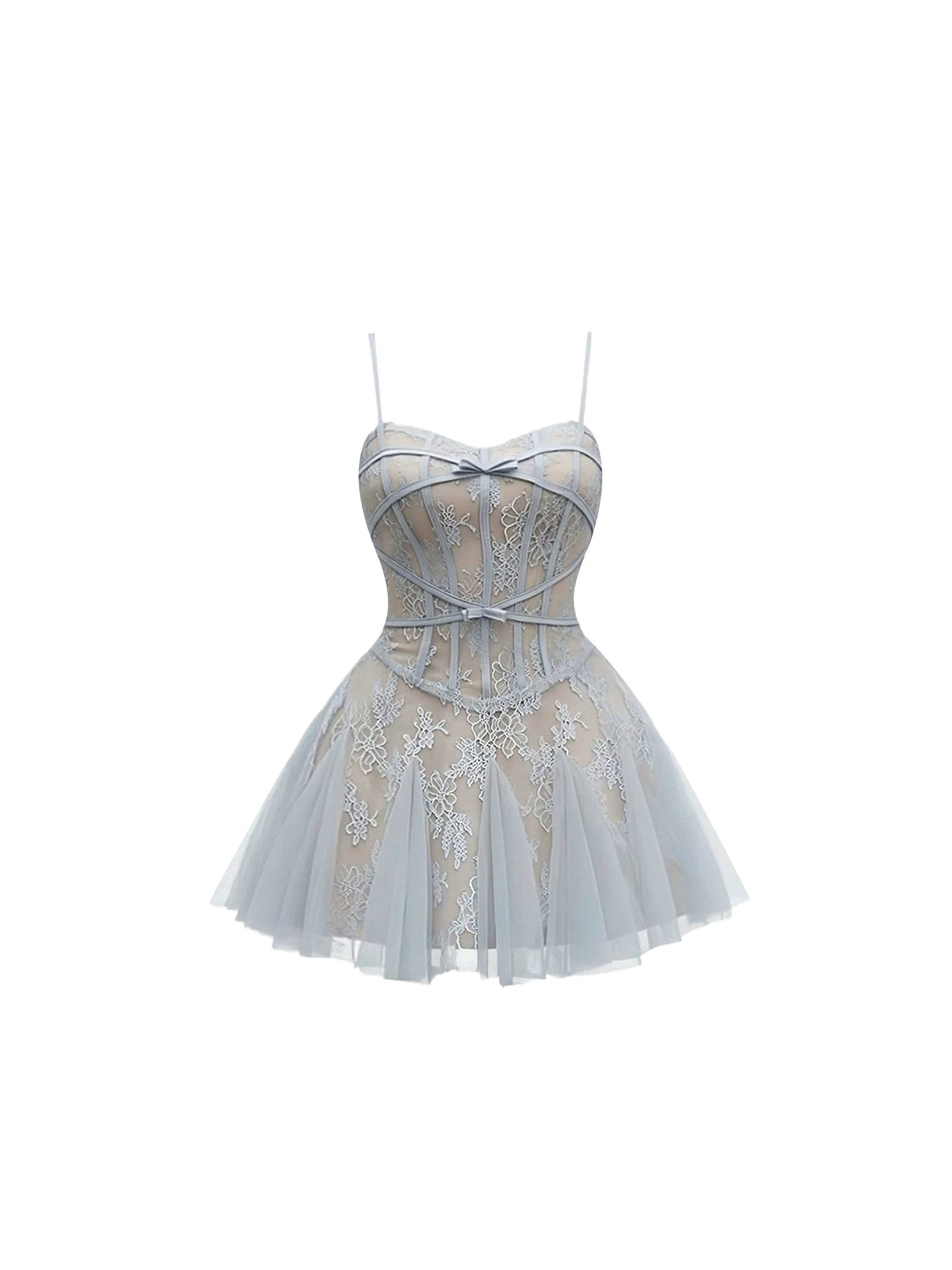 Classical Spaghetti Strap Bodice A-Line Mini Skirt Sweet Light Blue Sheer Lace Corset Layered Tulle Short Dress AP5844