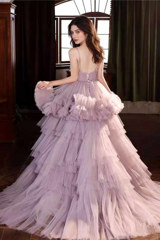 Fantastic A-Line Layered Spaghetti Strap Evening Gowns Ruffled Tulle Prom Dress AP5845