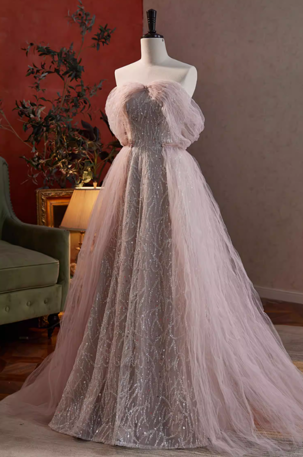 Cute A-Line Off-Shoulder Ruffled Tulle Evening Gowns Sequins Prom Dress AP5847