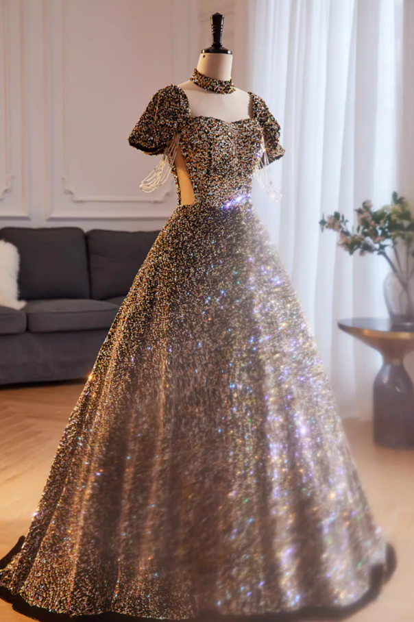 Ethereal Square Neck A-Line Cutout Sweet 16th Gowns Short Sleeve Sequins Beading Prom Dress AP5851