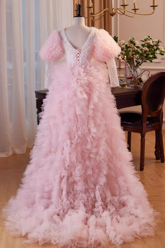 Stunning V Neck A-Line Sweet 16th Dresses Lace Long Sleeve Ruffles Tulle Pink Prom Dress AP5858