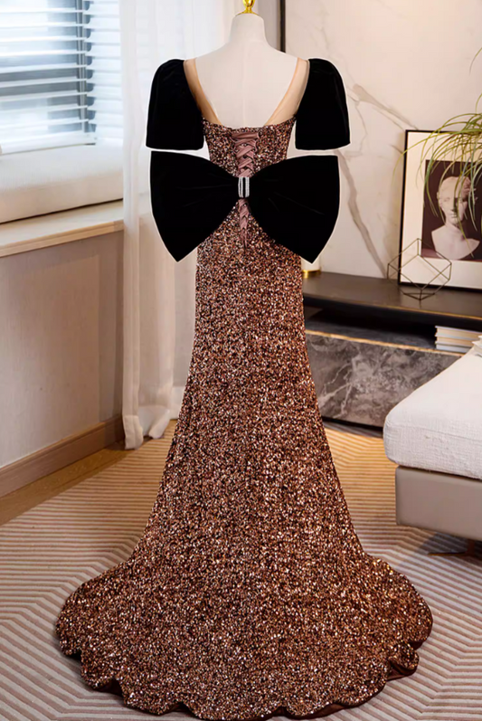 Vibrant Sweetheart Neck Short Sleeve Mermaid Evening Gowns Sequins Bows Prom Dress AP5861