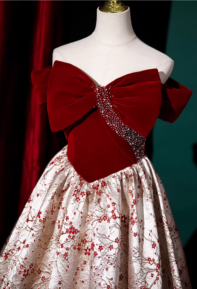Fashionable A-Line Off-Shoulder Evening Gowns Velvet Bow Sequins Jacquard Prom Dress AP5862