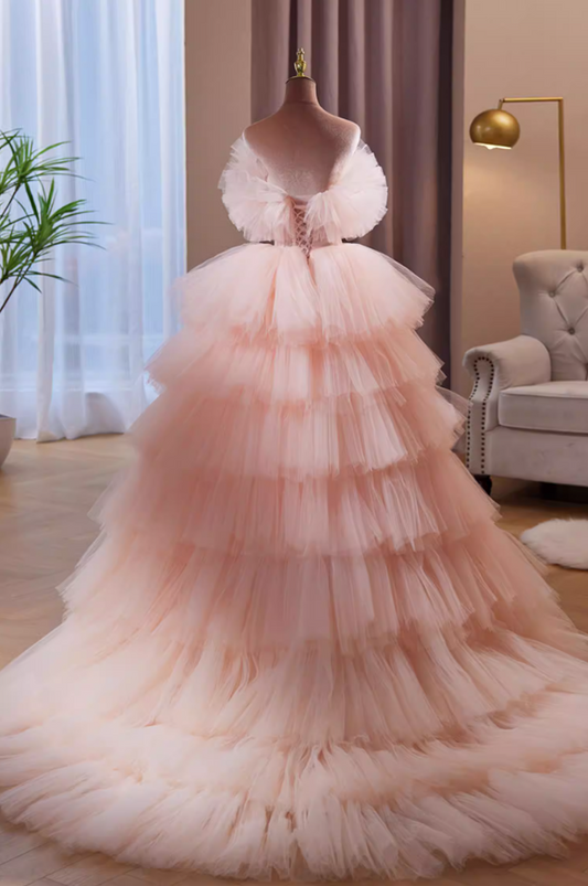 French Style A-Line Strapless Pink Evening Gowns Handmade Flowers Tiered Tulle Prom Dress AP5863