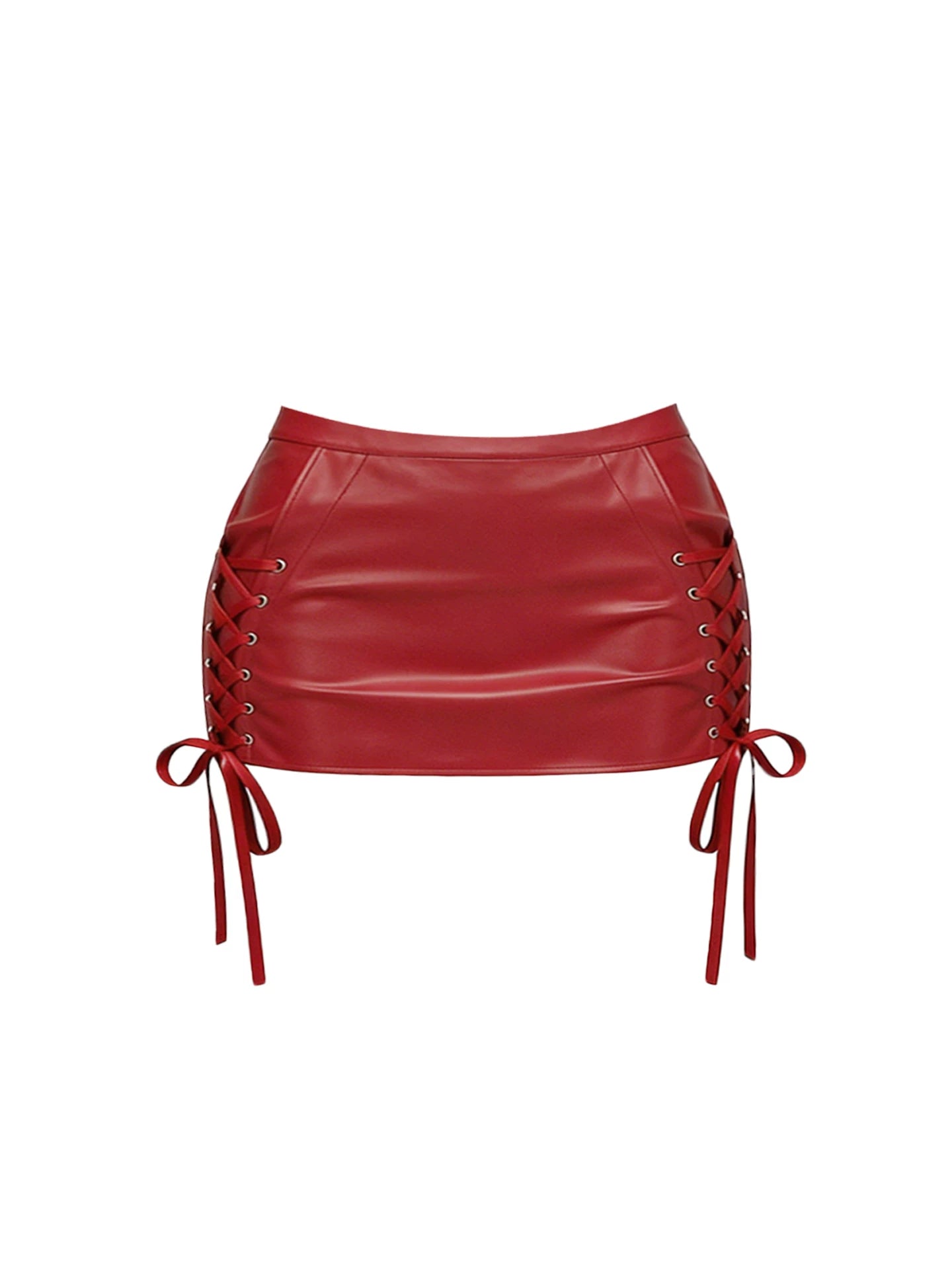 Minimalist Strapless Corset Lace-Up Bodycon Mini Skirt Sexy Red Faux Leather Two-Piece Set Short Dress AP5865