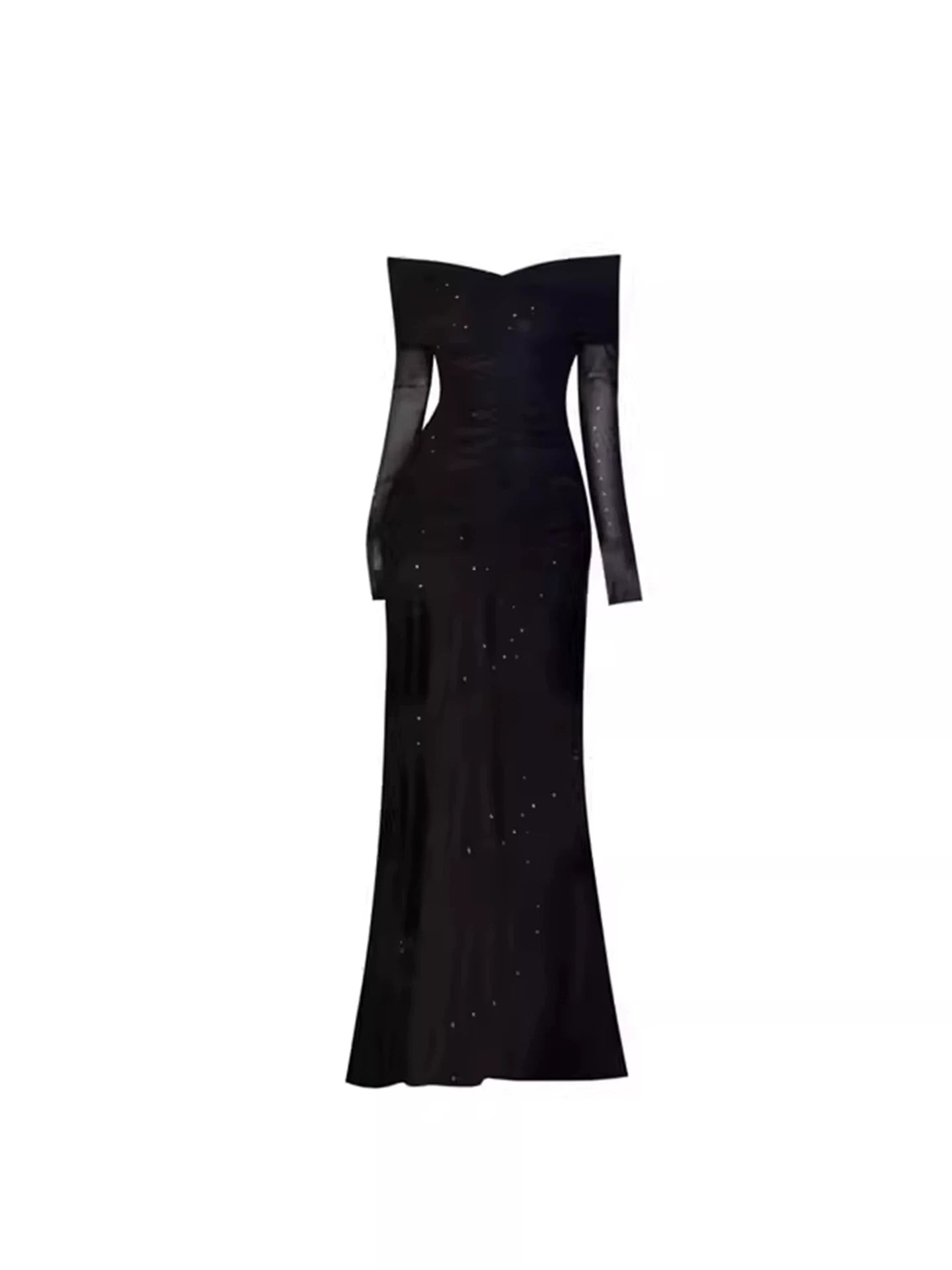 Gothic-Style Black Off-Shoulder Mermaid Maxi Dress Charming Sparkle Detail Sheer Mesh Long Sleeves Long Dress AP5868