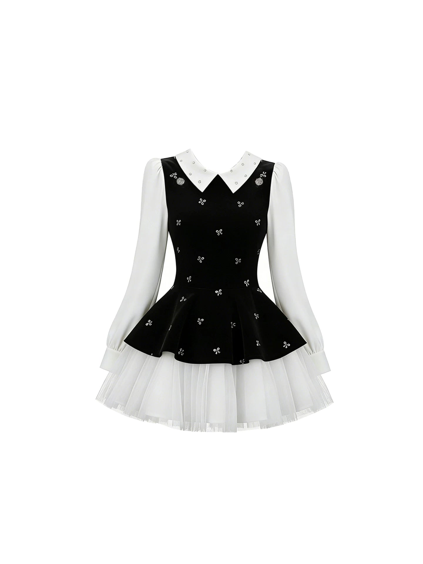Playful Rhinestone Detail A-Line Long Sleeve Mini Skirt Preppy Contrast Collar Tulle Ruffle Hem Short Dress AP5872