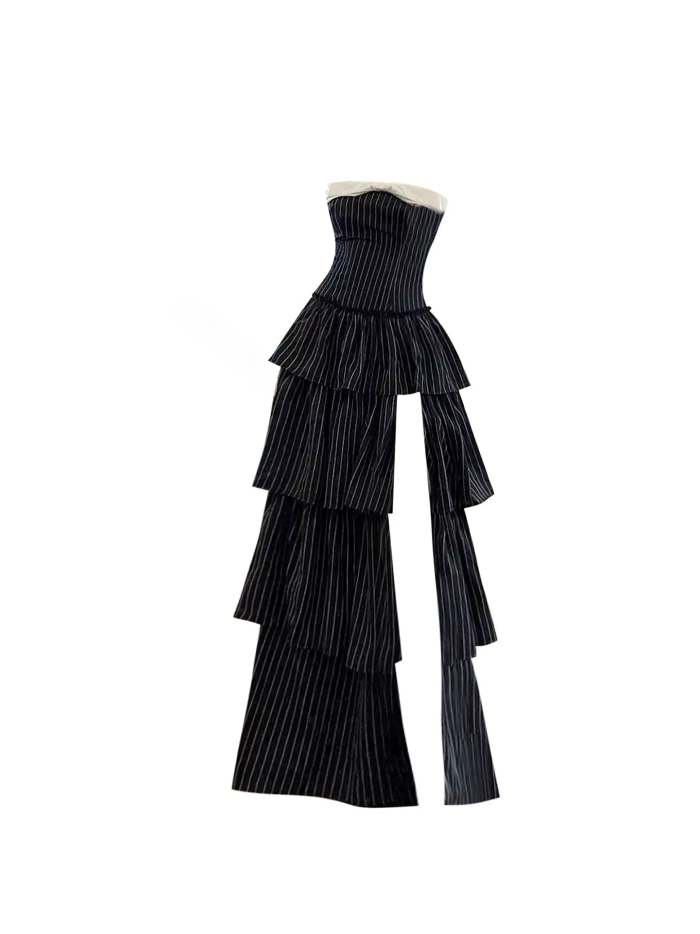Flowy Layered Ruffle A-Line High-Slit Maxi Dresses Vintage Black & White Pinstripe Strapless Long Dress AP5873