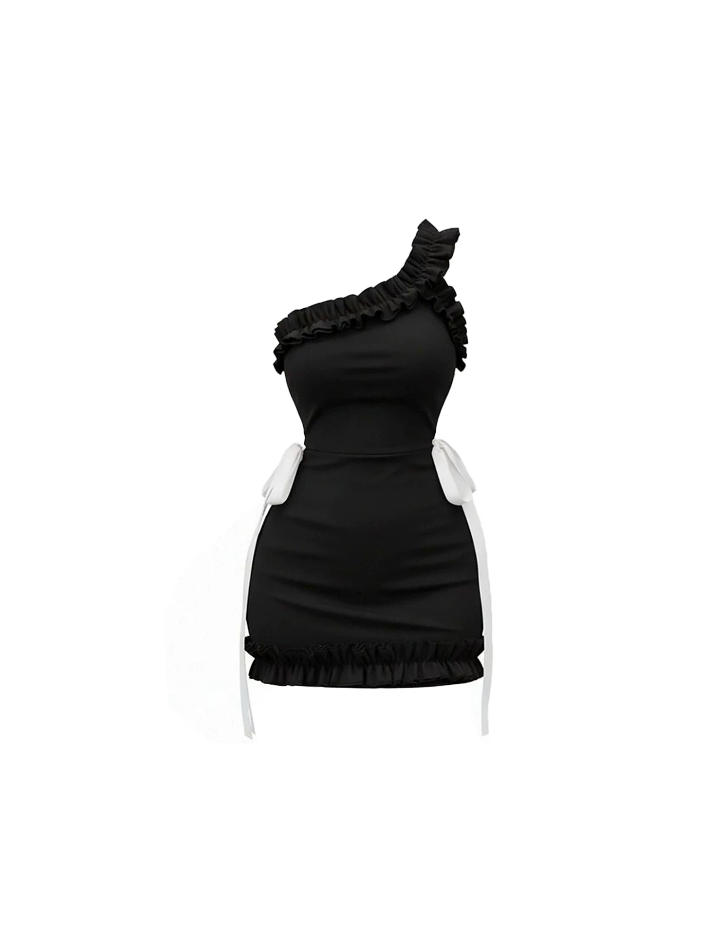 Fitted White Bow Ties for Y2K Bodycon Mini Skirt Chic Black One-Shoulder Ruffled Short Dress AP5876