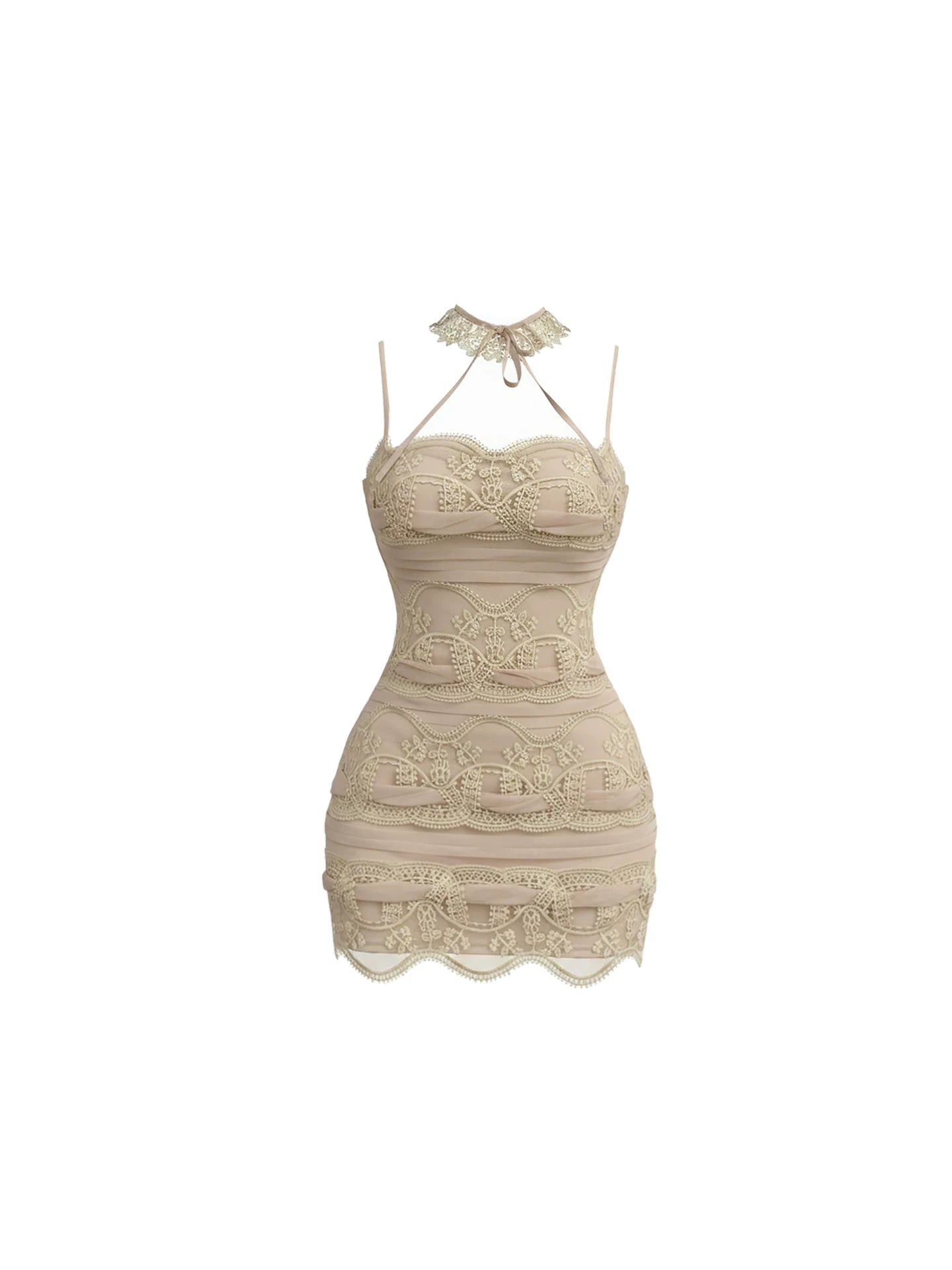 Attractive Spaghetti Strap Bodycon Mini Skirt Vintage Beige Lace Embroidered Halter Choker Short Dress AP5879